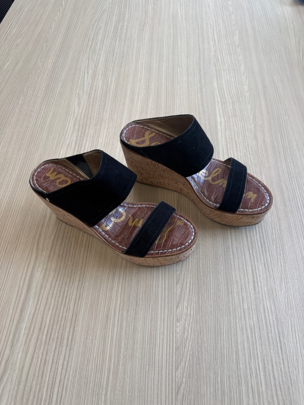 Sam Edelman Black Suede Cork Wedge Sandals